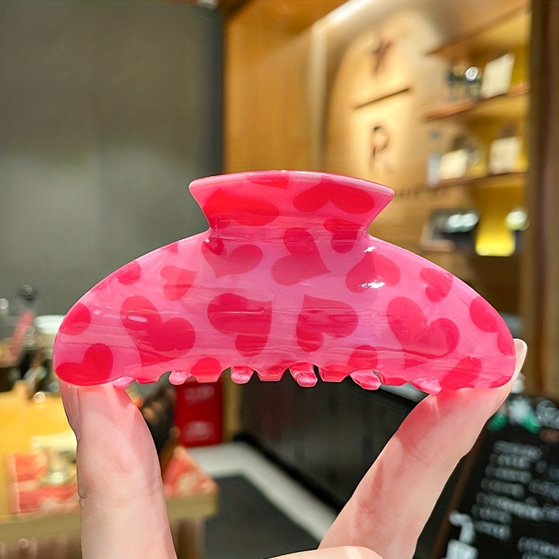 Image of 1 Pink Heart Hair Clip - From Acrylic, Features A Non-slip Design, For Women, Ideal For Valentine's Day