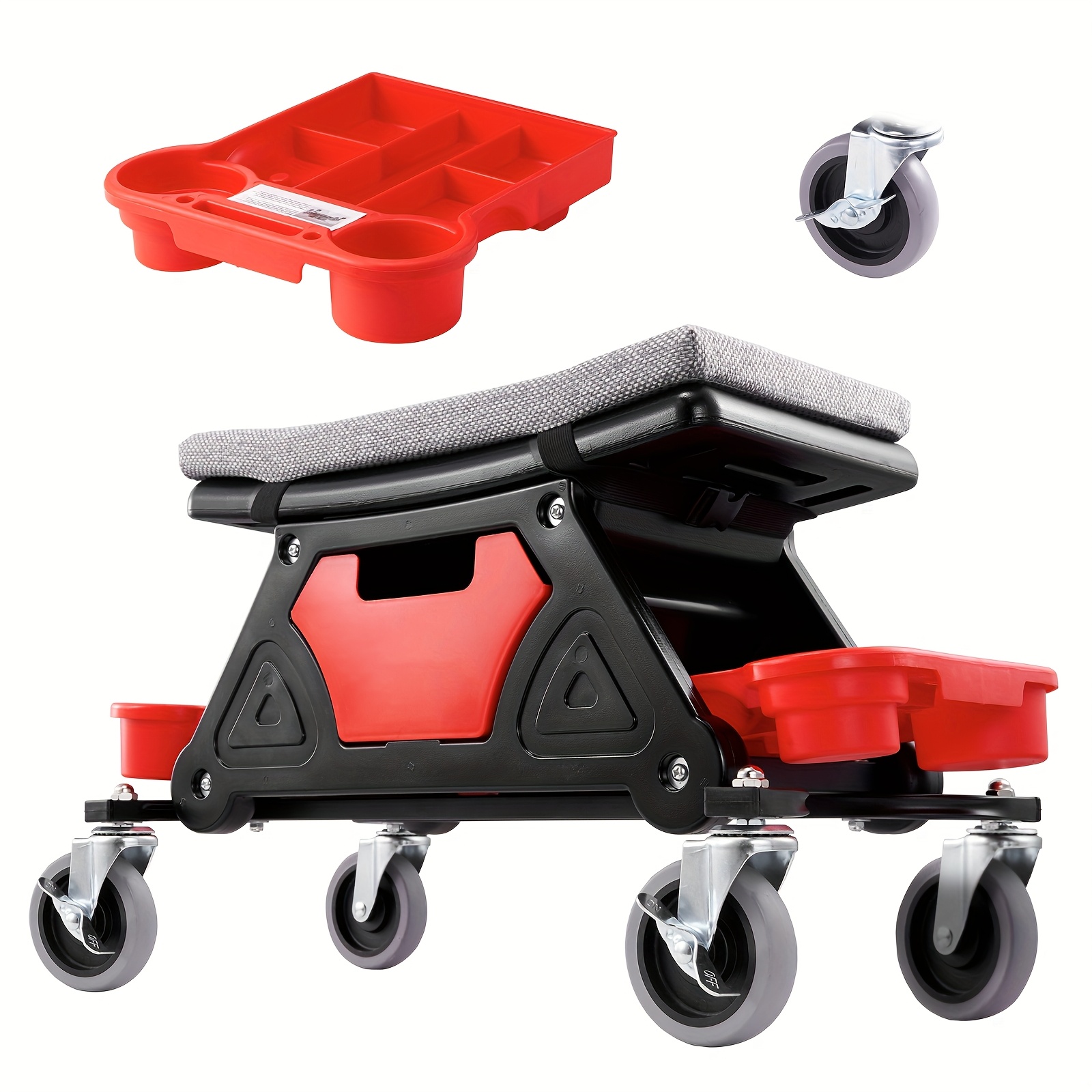 

Heavy-duty Rolling Mechanic Stool, 300 Lbs Capacity, With Plastic Construction, 4" Wheels, Slide-out Trays & Storage Drawer - Ideal For Work In Home Garage