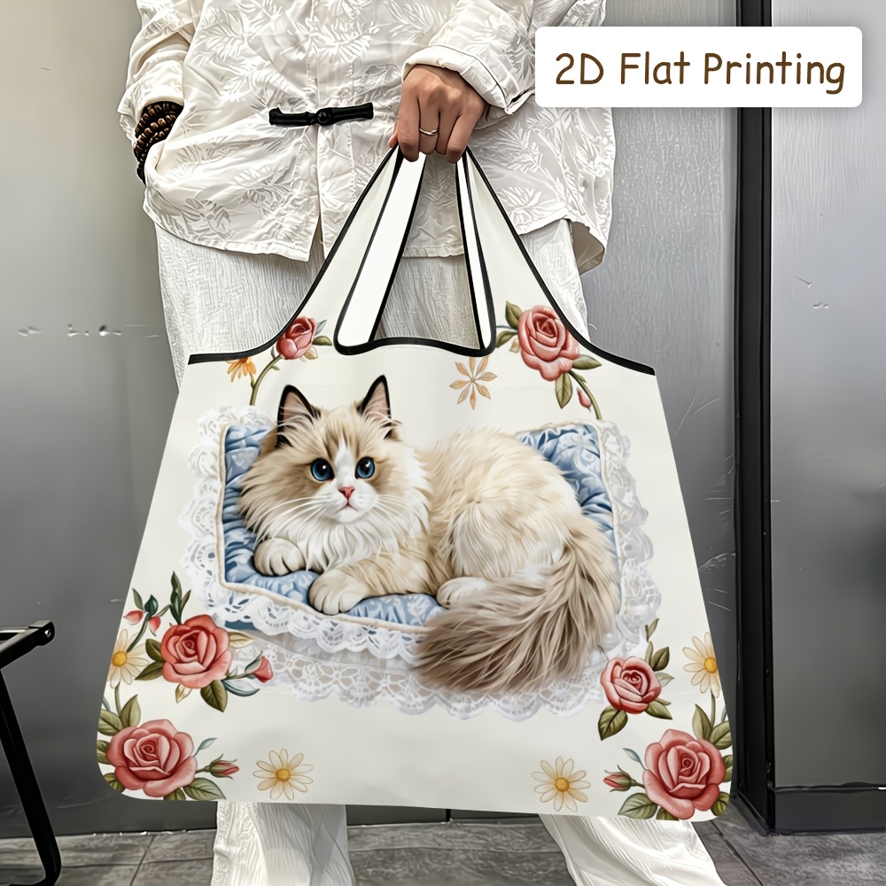 TEMU 1pc Women' Retro Ragdoll Cat & Rose Print Foldable Tote Bag - Quilted Handbag Suitable For Travel, Work, Shopping, Lightweight Durable Bag With