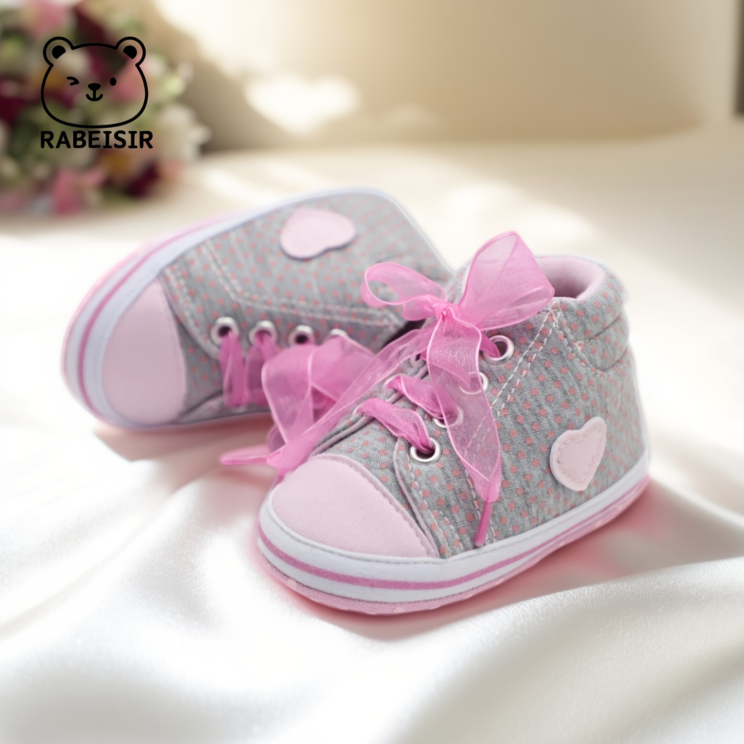 RABEISIR Adorable Heart- Walking Shoes - Soft Fabric Footwear with Pink Ribbon Accents, Lace-Up Closure for Infants & Toddlers - Ideal for Casual Gatherings & Winter, Pink Ribbon Detail, RABEISIR