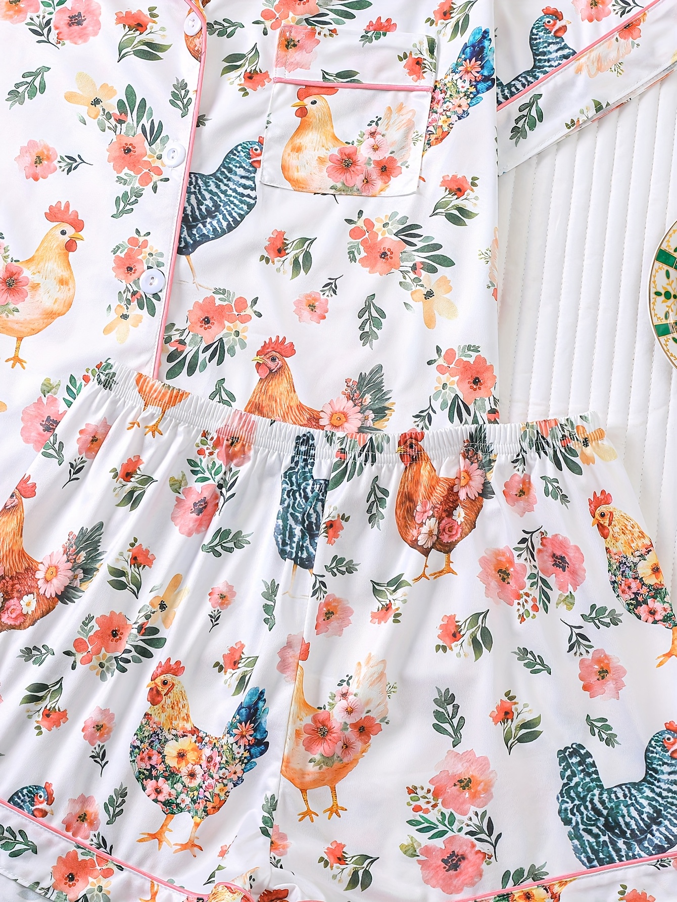 two piece womens elegant polyester white pajama set chicken print fabric     short sleeved button top with collar and matching shorts all   and pocket details   adults pajama sets Product details 5
