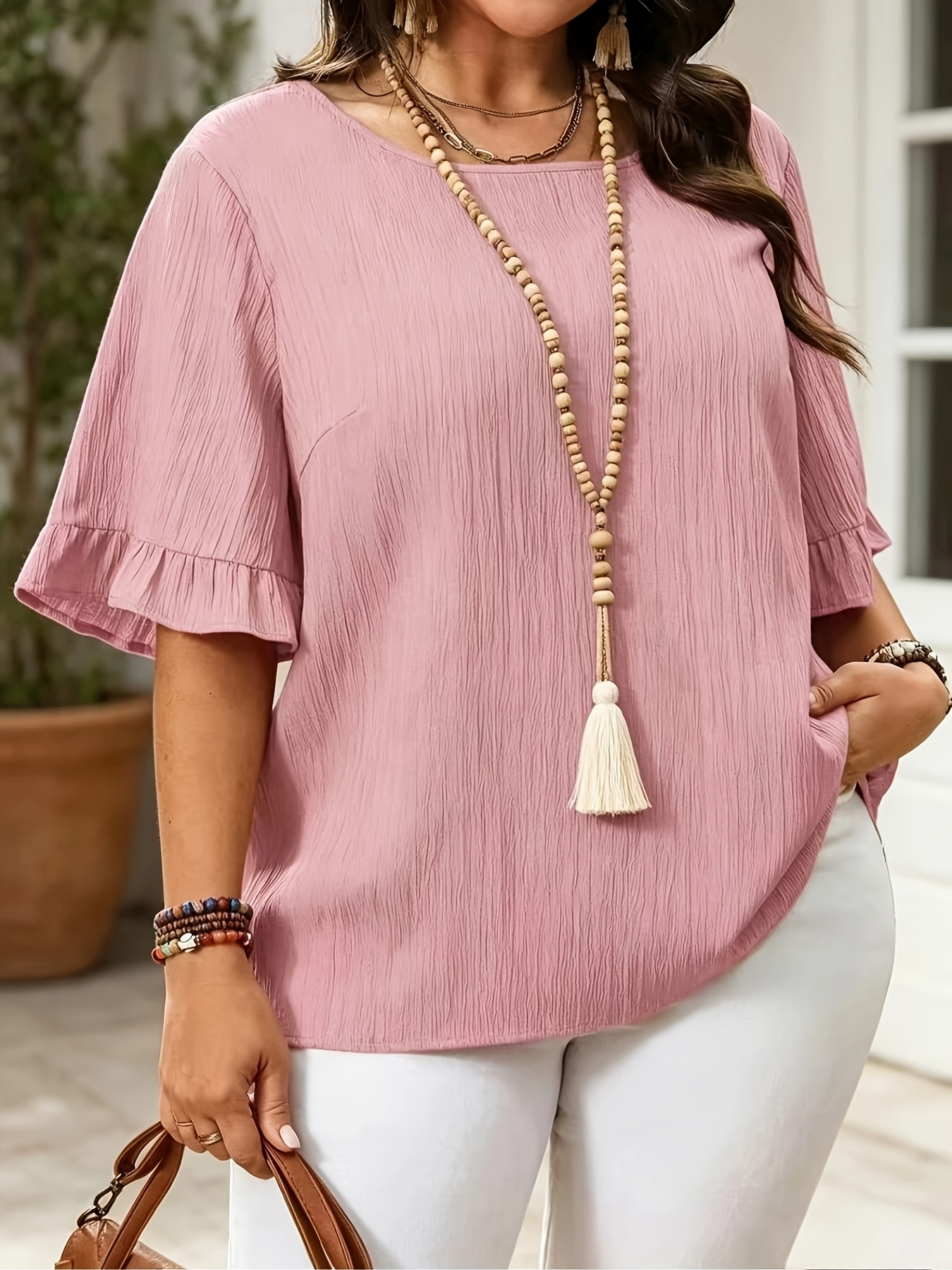 imagen del artículo talla  , camiseta de talla   con dobladillo   de  ,   cortas, simple, elegante, casual, para uso   y vacaciones, cuello  , color liso, a  , estilo     y americano,  , top de mujer de     y  