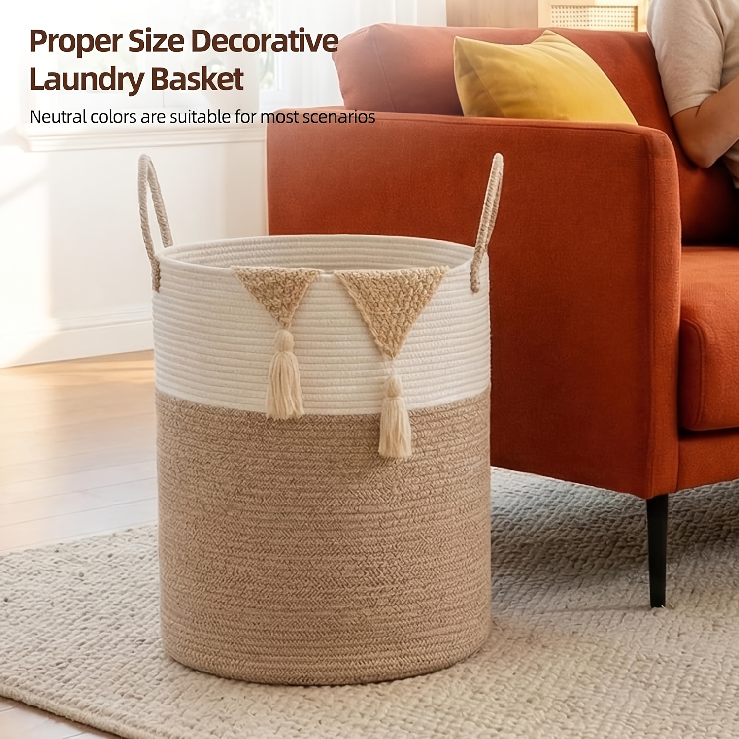 Large Laundry Basket Hamper - 60L Rope Woven Storage Basket for Blankets, Clothes - Tall Decorative Nursery Hamper with Long Handles, Decorative Blanket Basket for Living Room, Laundry Hamper, Nursery Organizer, Beige Rope Basket, Shelf Baskets