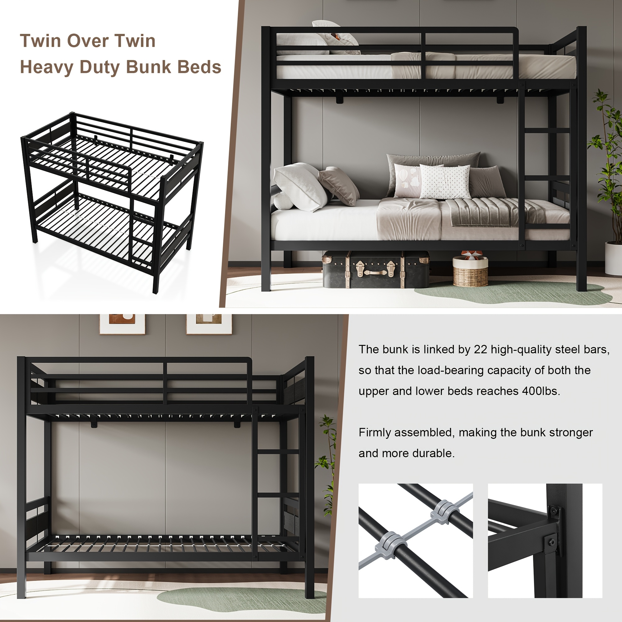 Heavy Duty Twin Over Twin Bunk Bed with Guardrails & Ladder 12 Bunk Bed Safety and Storage Detail
