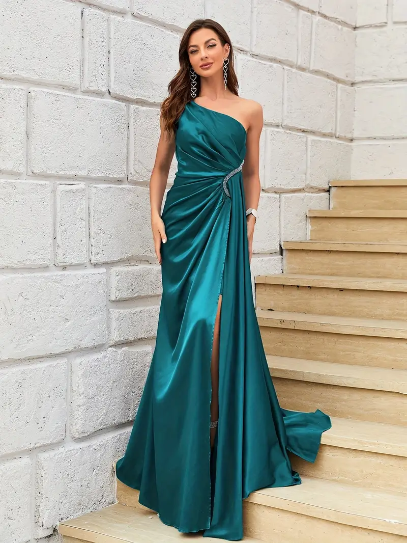elegant asymmetrical neckline high slit long flowing teal - Temu Mauritius elegant asymmetrical neckline high slit long flowing teal - Temu Mauritius