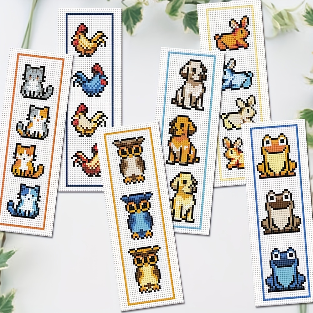 TEMU 6pcs Farm Animal Theme Cross Stitch Bookmark Kit - Digital Painting Style Kitten, Puppy, Frog, Owl And Other Patterns Embroidery Cross Stitch