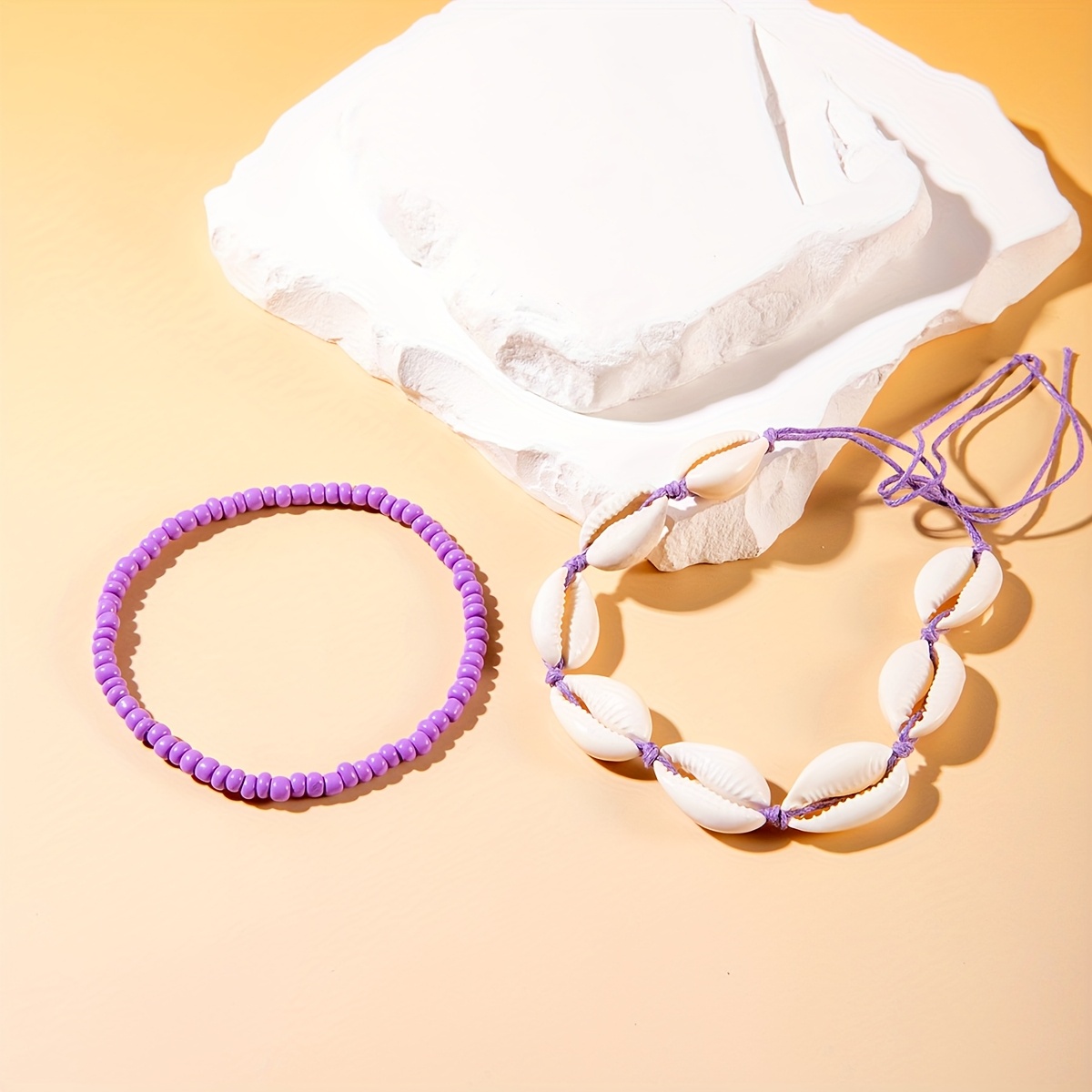 Boho Nautical Shell & Bead Anklet Set - Handwoven Resin Shells & Beads