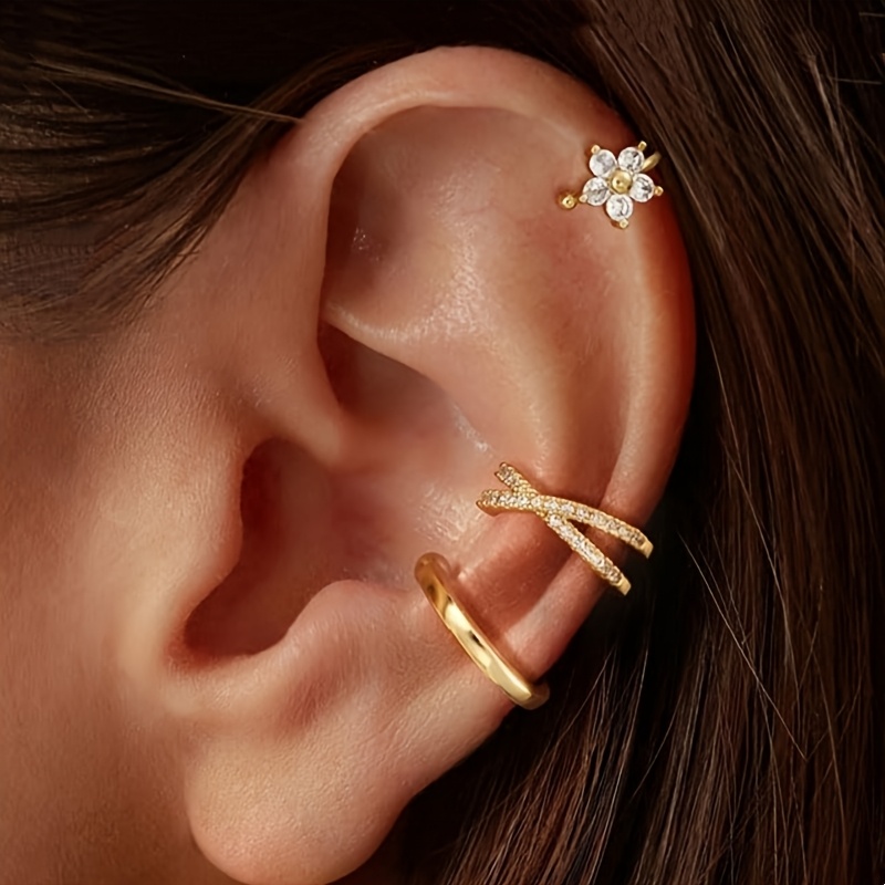 E-shop 3er-Set elegante und bequeme synthetische Zirkonia-Blumen-Kupfer-Ohrclips für Damen, kein Piercing erforderlich, geeignet für tägliche und