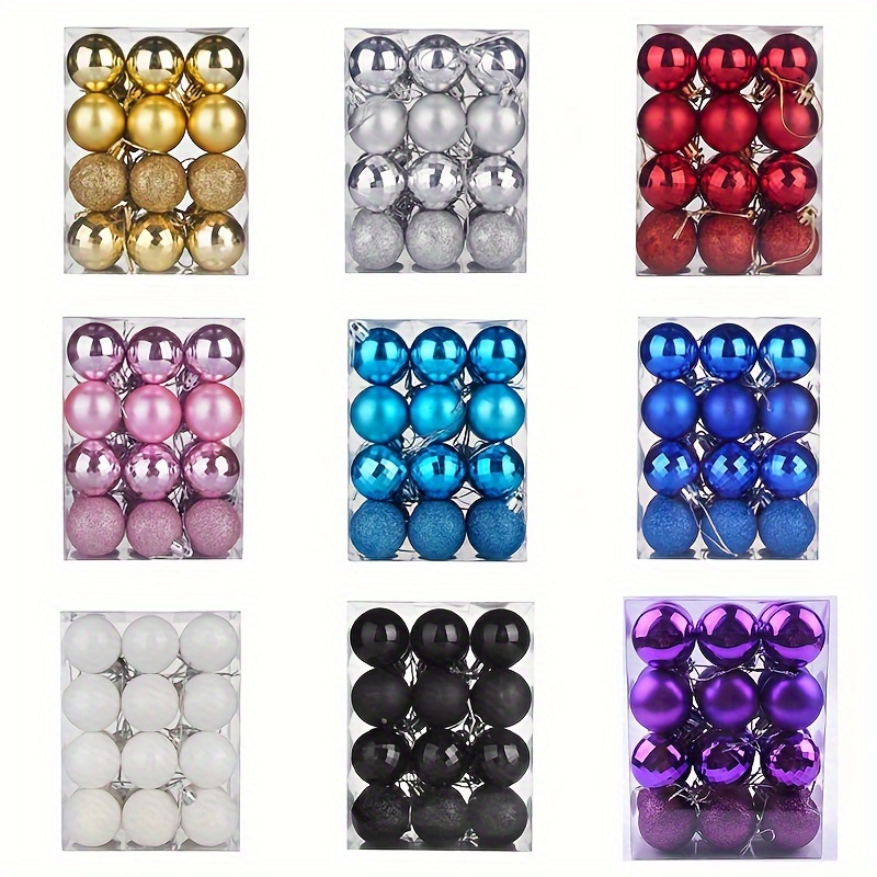

24- Round Ball Ornaments - Plastic Hanging Christmas Tree Decorations For Holiday, Wedding, Valentine's Day, Birthday Parties - Assorted , Matte, Glitter Balls
