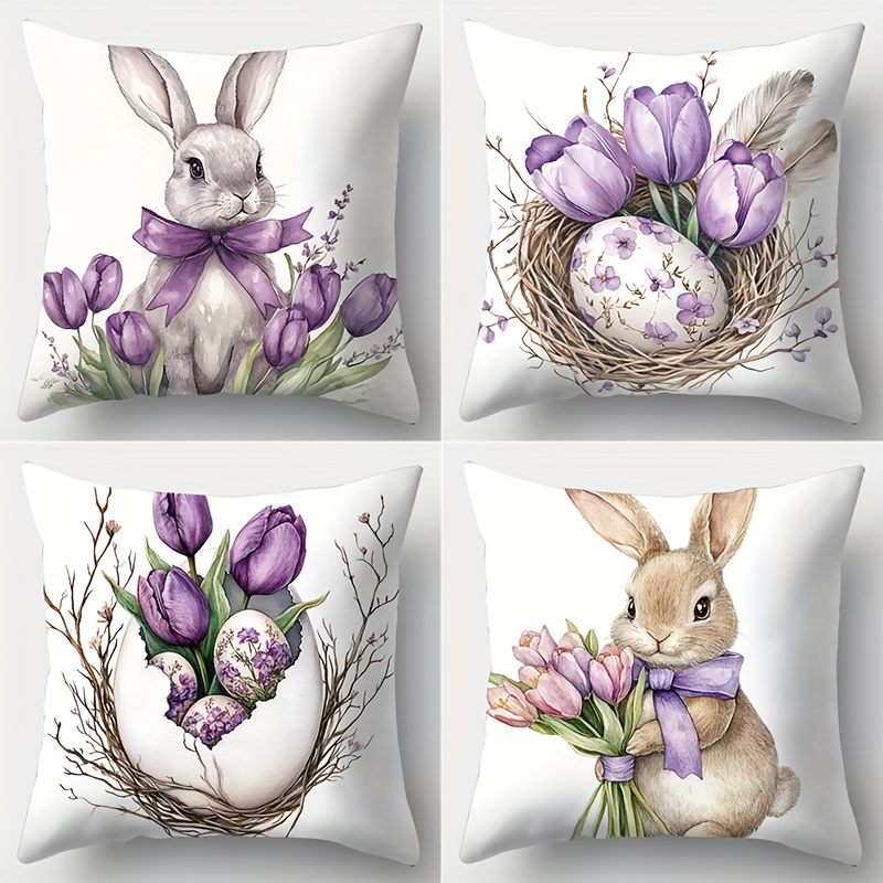 TEMU 4pcs, Easter Theme, Incorporating Rabbits With Bows And Lavender, Pattern, Simple And Comfortable, 17.72*17.72 Inches, Suitable For Home Sofa