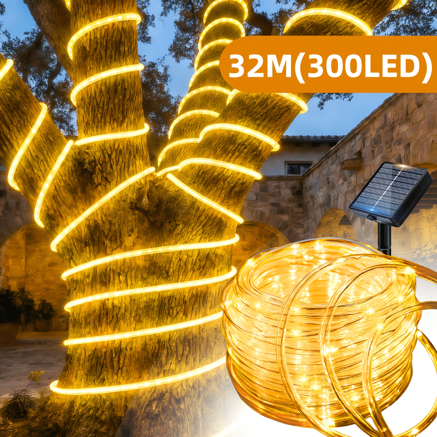 TEMU 32m 300led Solar Rope Lights, Ip65 12 Warm White Led Strip Lights, Solar Powered Flexible Tube Lights For Outdoor Garden, Patio, Fence &