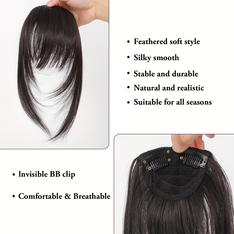 womens elegant straight synthetic hair extensions with layered bangs side   bangs natural looking hairpiece for versatile styling       stylish hairpiece secure clip attachment details 1