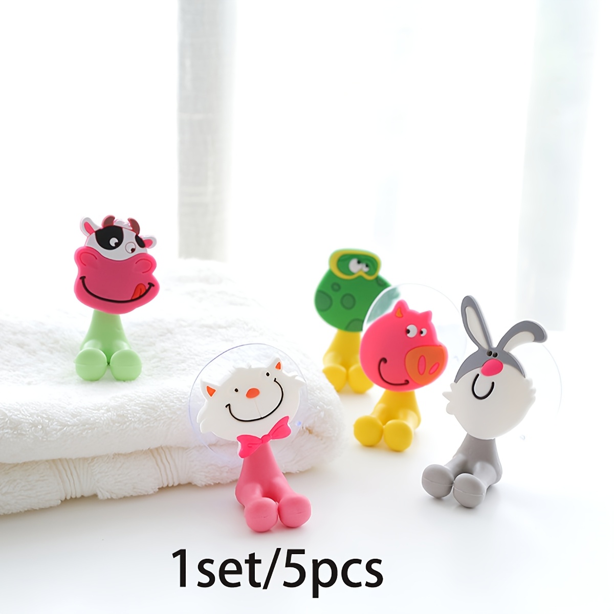 Image of 5pcs Creative Stereoscopic Cartoon Toothbrush Holder, Creative Animal Bathroom Suction Toothbrush Holder, Traceless Powerful Suction Toothbrush Holder, Bathroom Storage Rack, Adjustable At Will