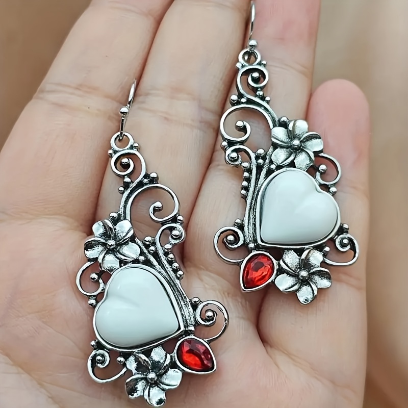 TEMU Women's Vintage Heart Dangle Earrings, Floral Scrollwork Alloy Drop Earrings With White Heart & Red Teardrop Glass Inlay, Boho Statement Jewelry