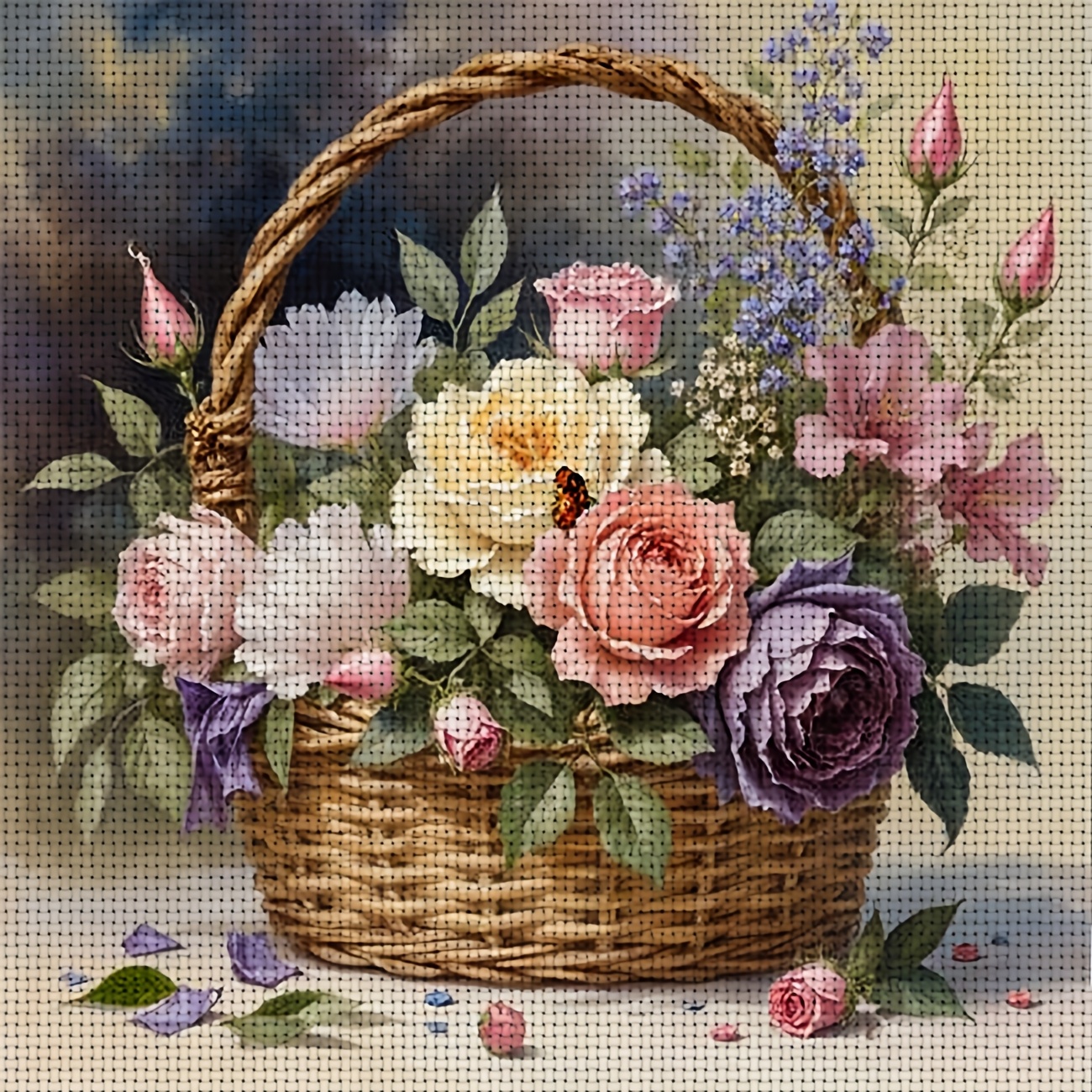 TEMU Kit de point de croix imprimé à faire soi-même, 1 pièce, cadre, motif « Panier de fleurs rempli de fleurs fraîches », parfait pour un moment de