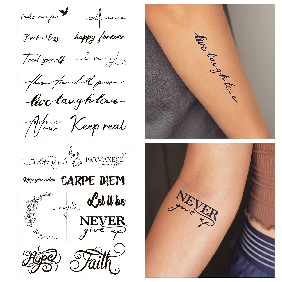 

Inspirational English Phrase Temporary Tattoos (2-pack) - Small, Fresh, Stylish, Waterproof Alphabet Letter Tattoo Stickers - Motivational Words And Quotes Body Art - Multiple Shapes And Designs