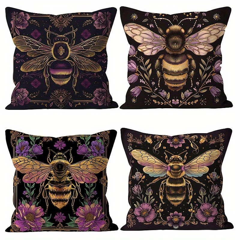 

Vintage Bee Design Throw Pillow Covers Set Of 4, 18x18 Inch Soft Polyester Cushion Cases With Zipper Closure, Machine Washable, Decorative Sofa Bed Living Room Covers (inserts Not Included)