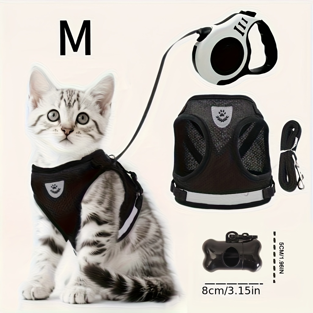 Harnais Ajustable et Respirant pour Chien et Chat avec Laisse Rétractable Automatique (5,0 mètres) et Distributeur de Sacs à Déjections - Gilet -Fuite Adapté aux Chiots, Chatons, Promenades en Extérieur - Système Laisse et Harnais, Lavable en Machine