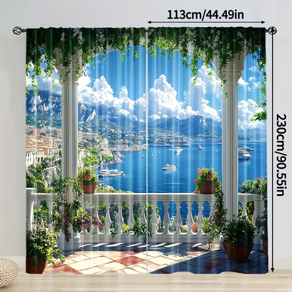 TEMU 2pcs, Rideaux , Motif de paysage balnéaire, Tissu lavable en machine, Parfait pour la décoration de chambre et de salon en toutes , ( tringle)