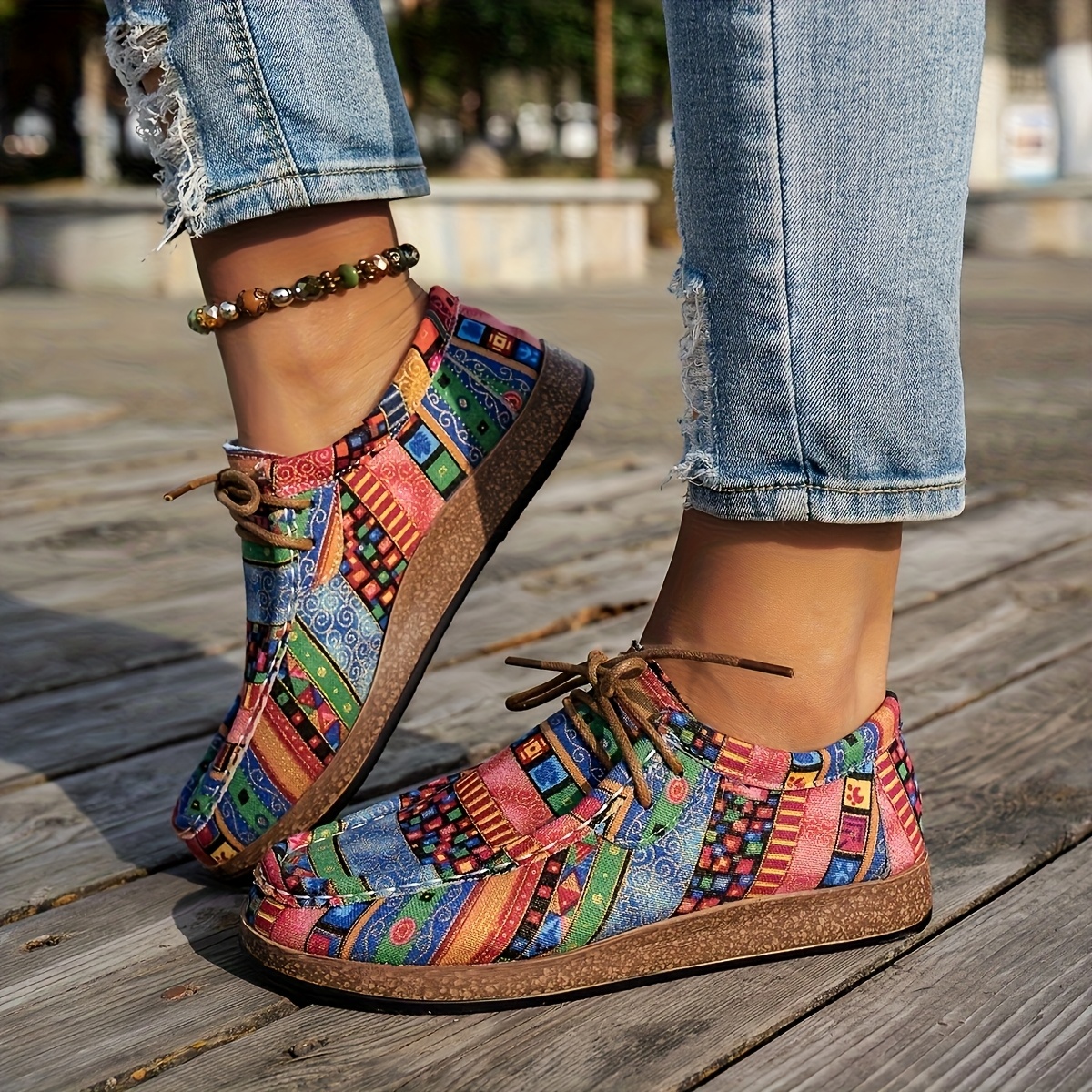 byzi colorful geometric print fabric sneakers womens casual  display picture 1