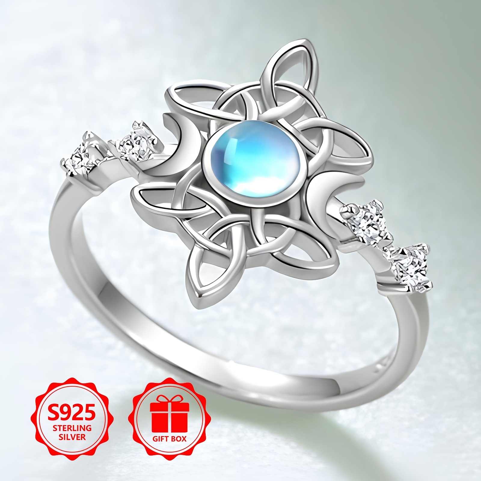 925 Silver Women's Ring with Witch Knot Symbol and Moonlight Stone