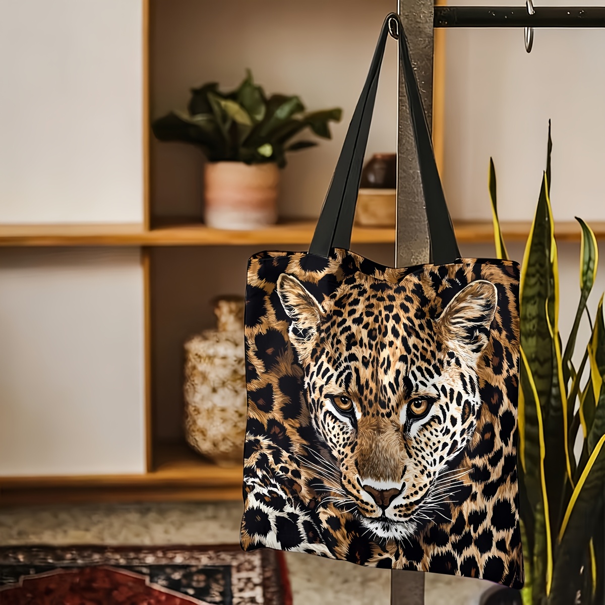 TEMU 1pc Tote Bag Leopard Print Pattern Large Capacity Reusable Portable Foldable Tote Bag Suitable For Daily Travel Beach Vacation Fitness Weekend