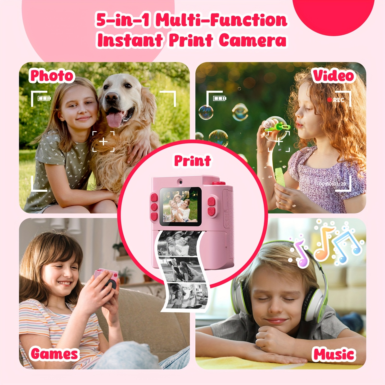 Kids Instant Print Camera with Color Prints 3s Printing Dual Lens,  Fun Filters Effects Coloring Markers for DIY Art 1080P HD IPS Screen 