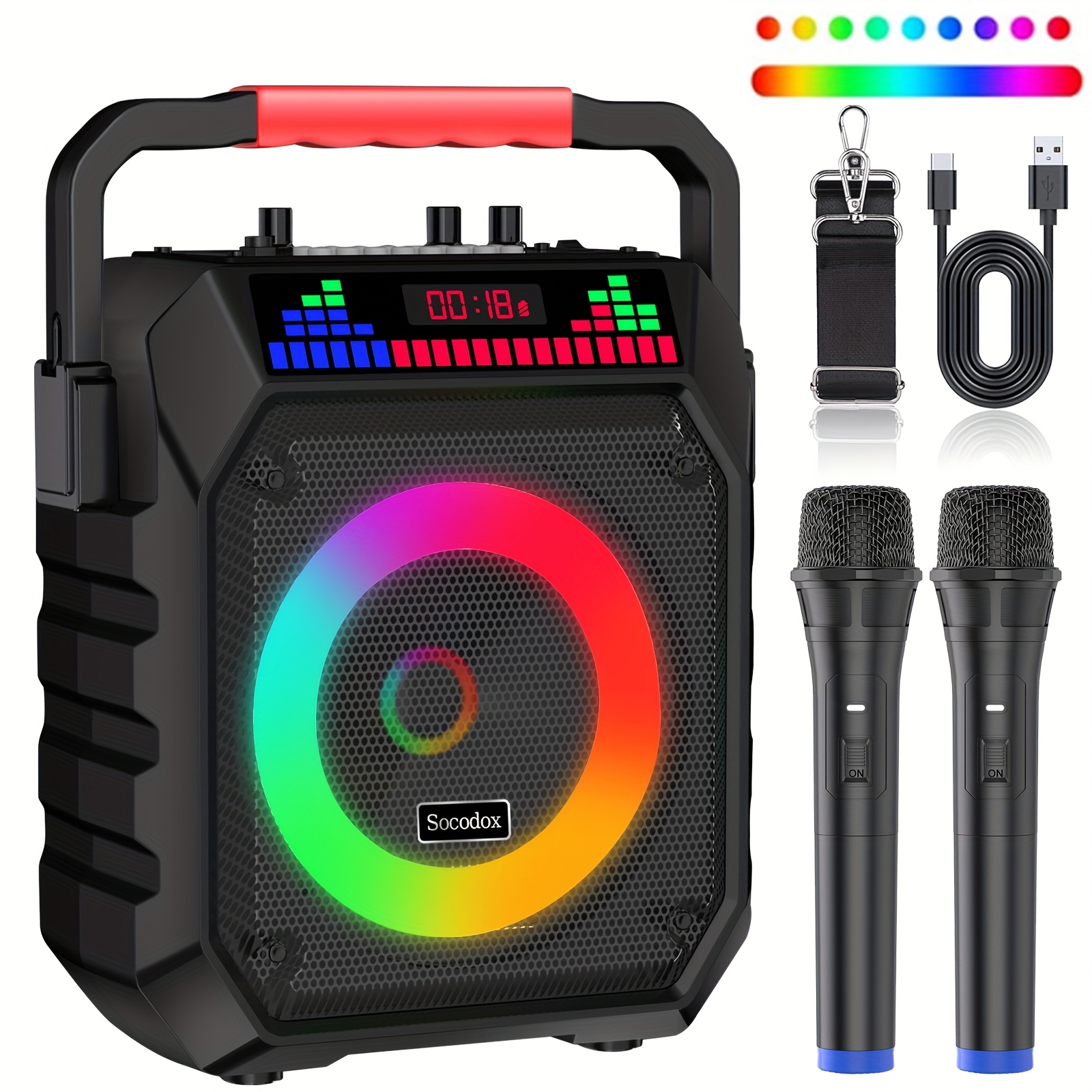 TEMU Karaoke Machine With 2 Wireless Microphones, Portable Speaker With Led Lights For Karaoke Machine For Adults And Kids, Supports Bt/usb Pa System
