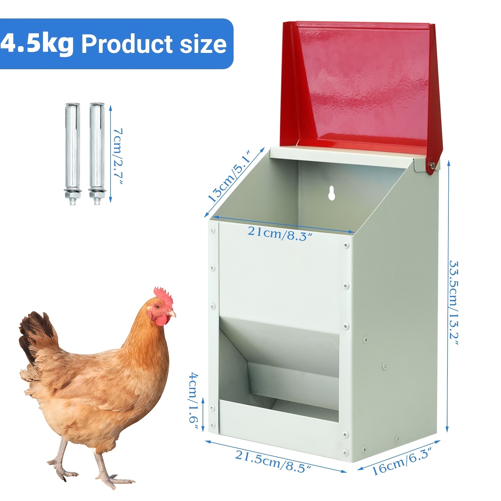 4.5kg Large Capacity Metal Automatic Poultry Feeder With Waterproof Lid, Hanging Chicken Feeder, Outdoor Chicken Coop Feed Dispenser, No
