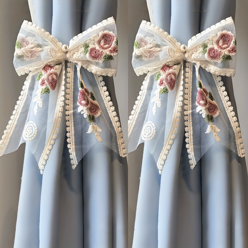 2pcs Embroidered Rose Pearl Lace Bow Curtain Tiebacks, No-drill Adjustable Curtain Tie Straps, Elegant Vintage European Window Treatment Accessories, Decor