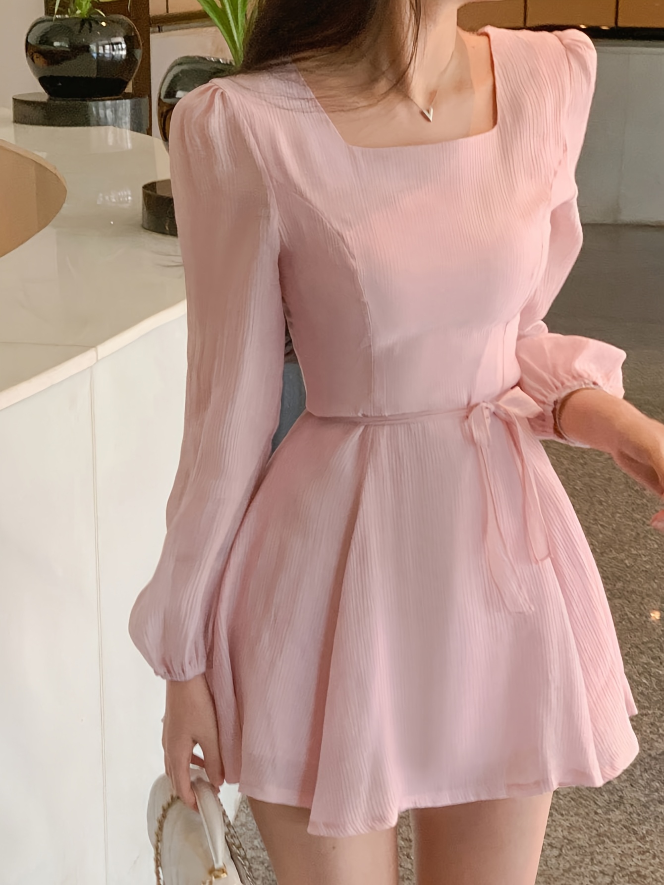 womens soft pink mini dress elegant belted waist flared hem - Temu Bahrain