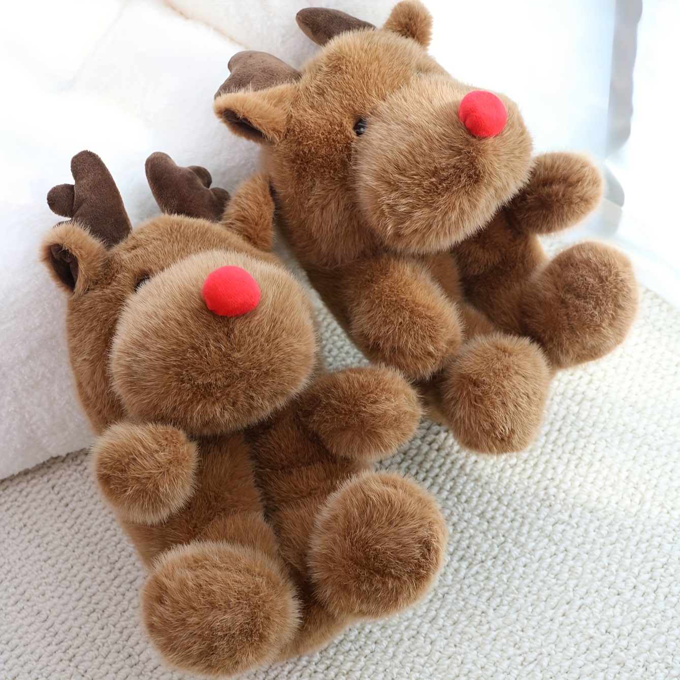 Women'S & Unisex Winter Plush Reindeer Slippers - Super Thick Warm Plush Fleece Lining, Non-Slip TPR Sole, Soft Plush Indoor House Shoes with Red Nose