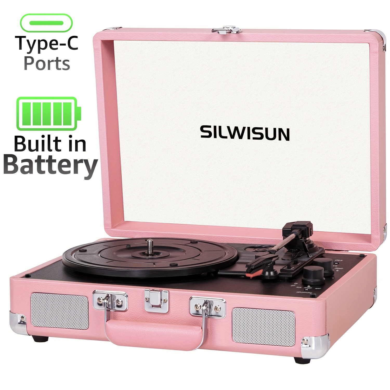 

Vinyl Record Player Turntable With Bt, Built In Battery, Portable Suitcase, Built In Speakers, 3.5mm Headphone Jack Aux In/rca Out Pink For Home Decoration Gift