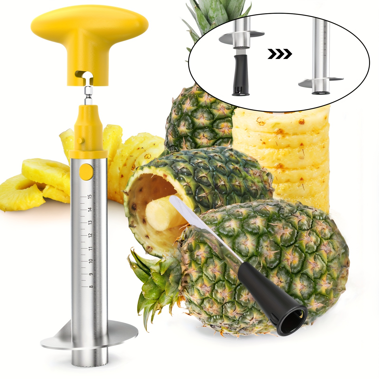 

Pineapple Cap With Knife, [upgraded, Manual] Stainless Steel Fruit Pineapple Knife, Pineapple Slicer, Kitchen Tool With Measuring Mark, Yellow