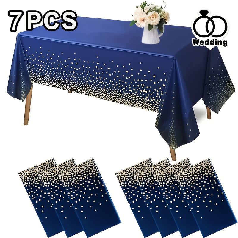 TEMU 7pcs Navy Blue Plastic Tablecloth Compatible For Rectangle Tables - 54x108 Inch Dark Blue/golden Dot Party Table Cover Suitable For Weddings,,