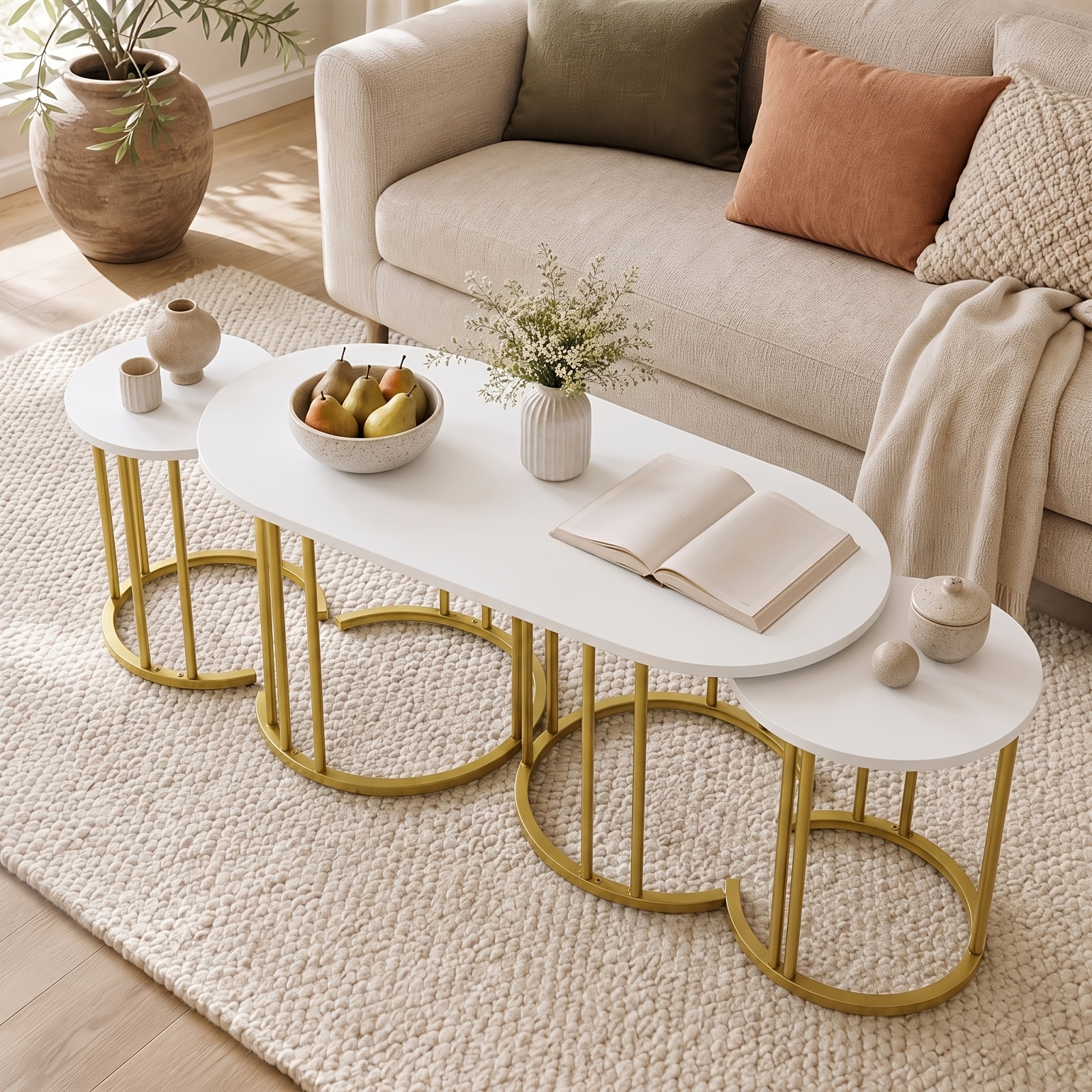 TEMU LIFEZEAL Ensemble de 3 Tables Basses Moderne à Empiler - Plateau en Faux Marbre Blanc et Doré, Table Ovale de Place et 2 Tables d'Appoint Rondes