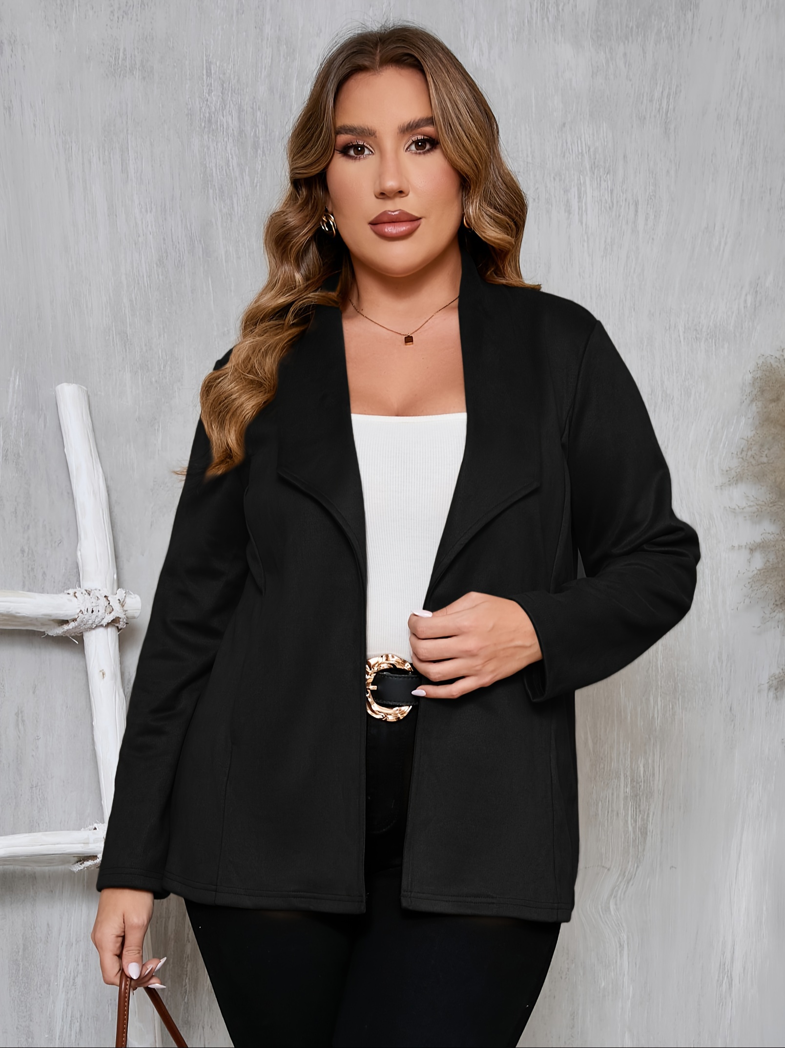 Plus Size Women's Suede Jacket Casual Open Front, Long Sleeve Coat  with Pockets, Machine Washable