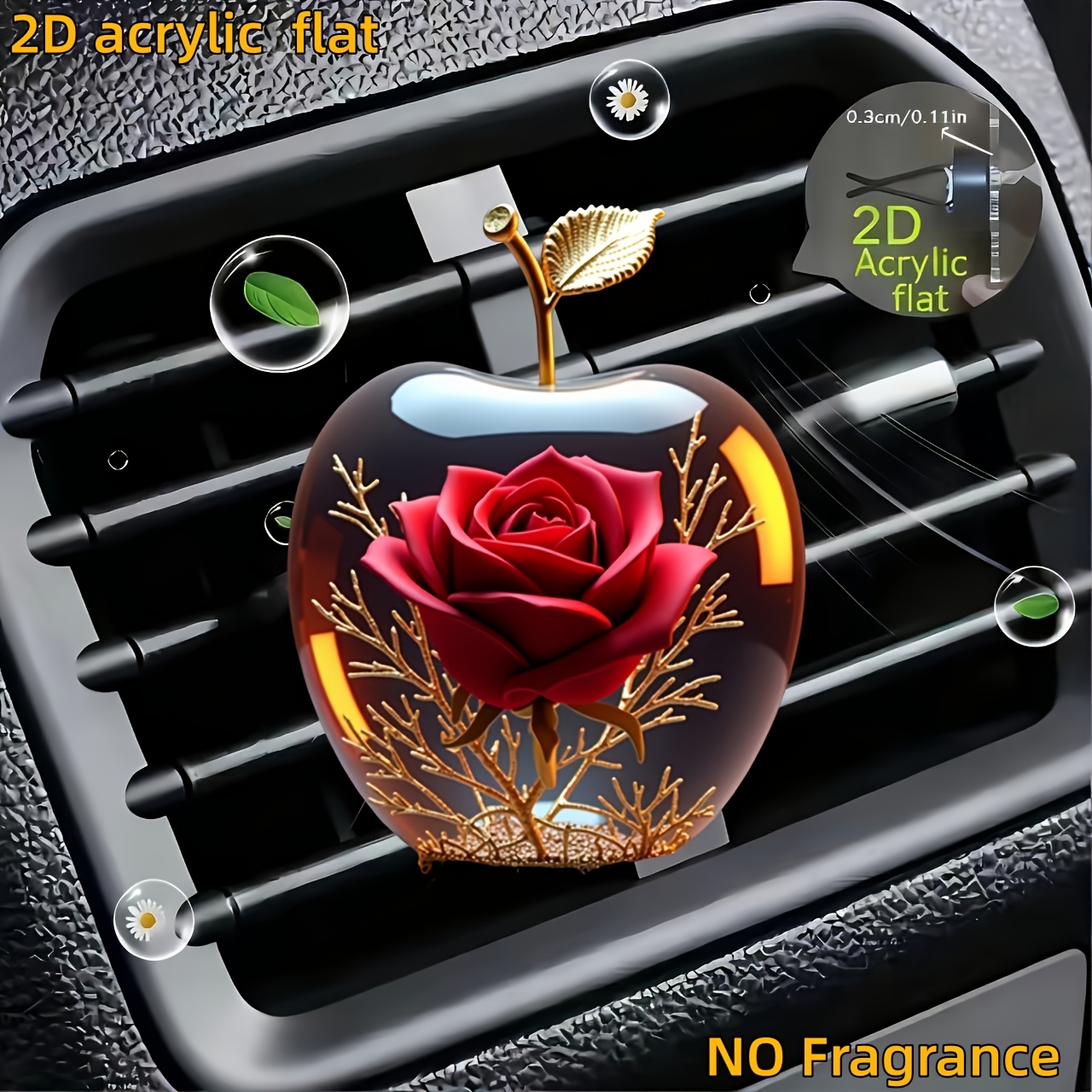 TEMU Plat 2D, Pince de ventilation pour désodorisant de voiture Pomme Rose Plat 2D, Accessoire de voiture décoratif non parfumé, d' votre huile