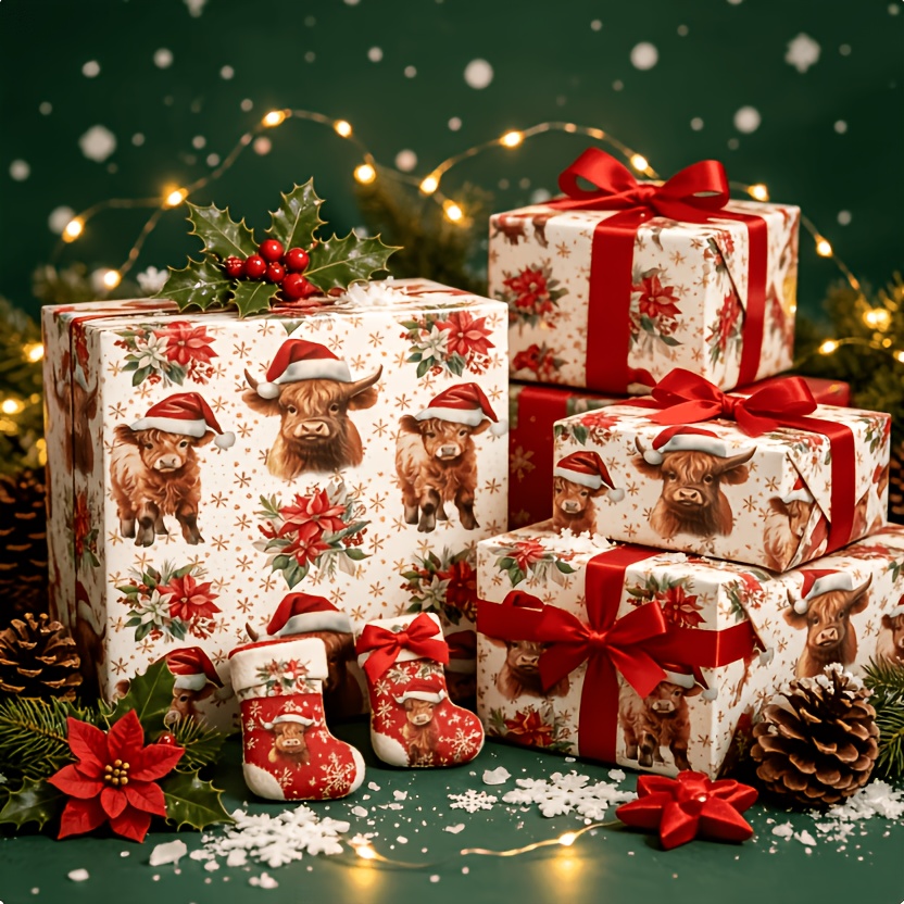 TEMU Christmas Highland Cow Wrapping Paper Cute Cartoon, Single-sided Coated Paper 43.12 X 300.2cm, Craft Paper, Suitable For Christmas Gifts,