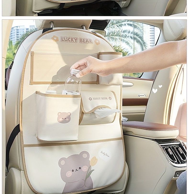 Cute Bear & Bunny Car Organizer - Multi-Functional Seat Back Storage with Trash Bin, Tissue Holder, Cup & Phone Slots, Durable Faux Leather, Easy Clean - Perfect Holiday Gift details 14