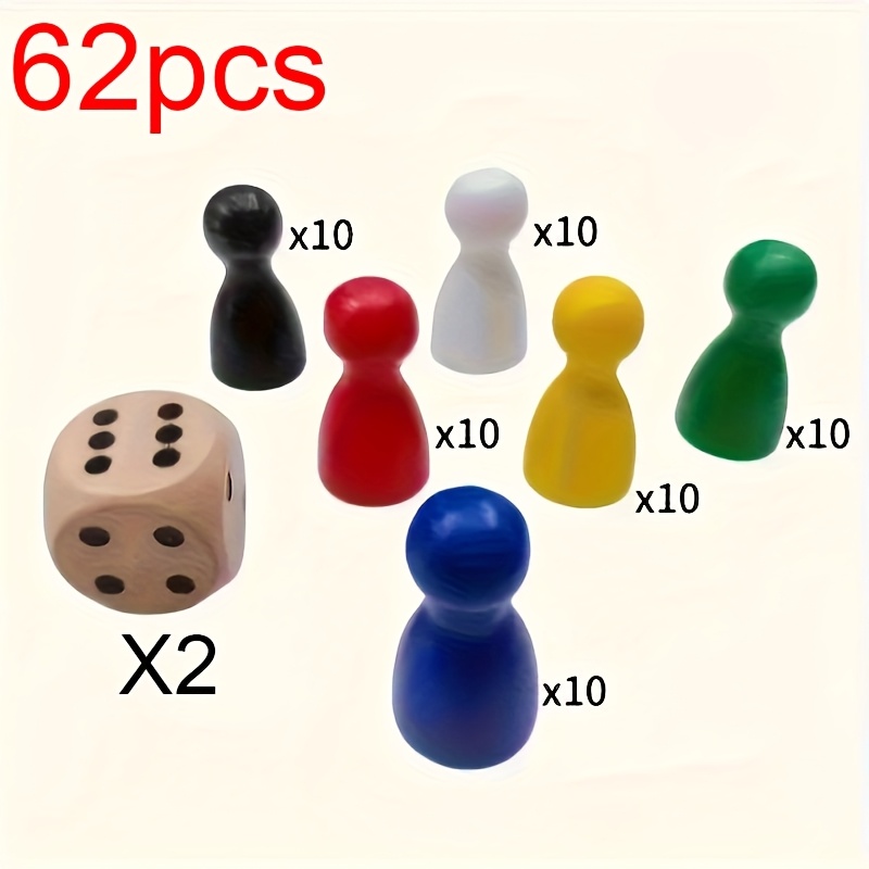 Image of 62 Colorful Wooden Chess Pieces And Dice - Ideal For Party Board Games, Decorative Markers, And Fun - Perfect For Family Reunions, Birthdays, Weddings, And Graduations