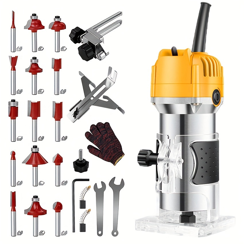 

800w Wood Router, 30000r/min Compact Wood Palm Router Tool, Hand Wood Router Tool With 15pcs 1/4" Router Bits For Woodworking, Trimming, Carving (yellow)