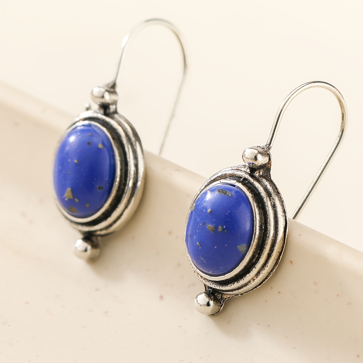Retro Women's Oval Pendant Earrings with Blue Main Stone