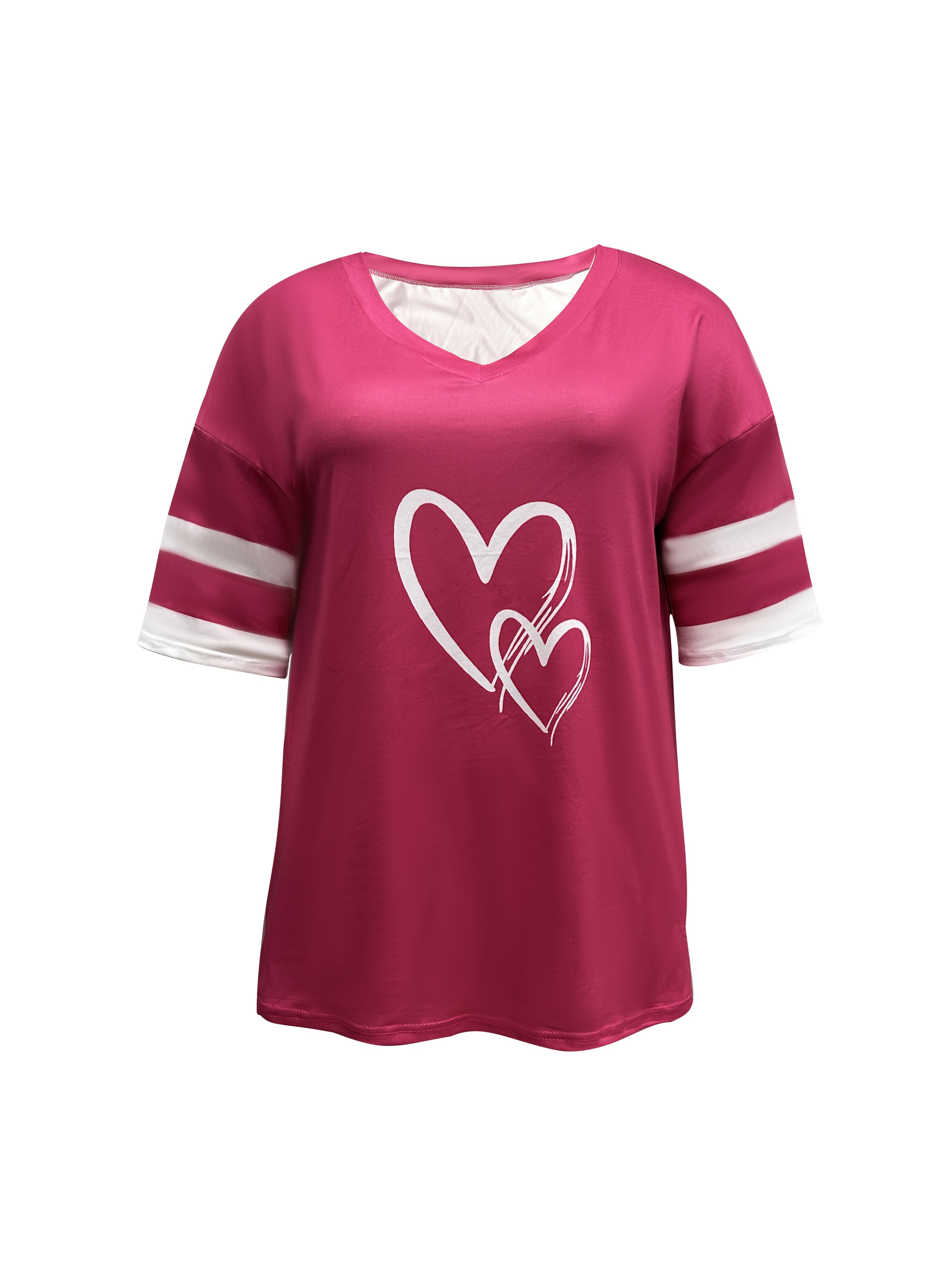 Women's Casual V-Neck Short Sleeve T-Shirt - Royal Blue with White Heart Print, Breathable Fabric, Machine Washable for Spring Summer Fall, Seasonal Fashion, Striped Detailing, Relaxed Fit Shirt