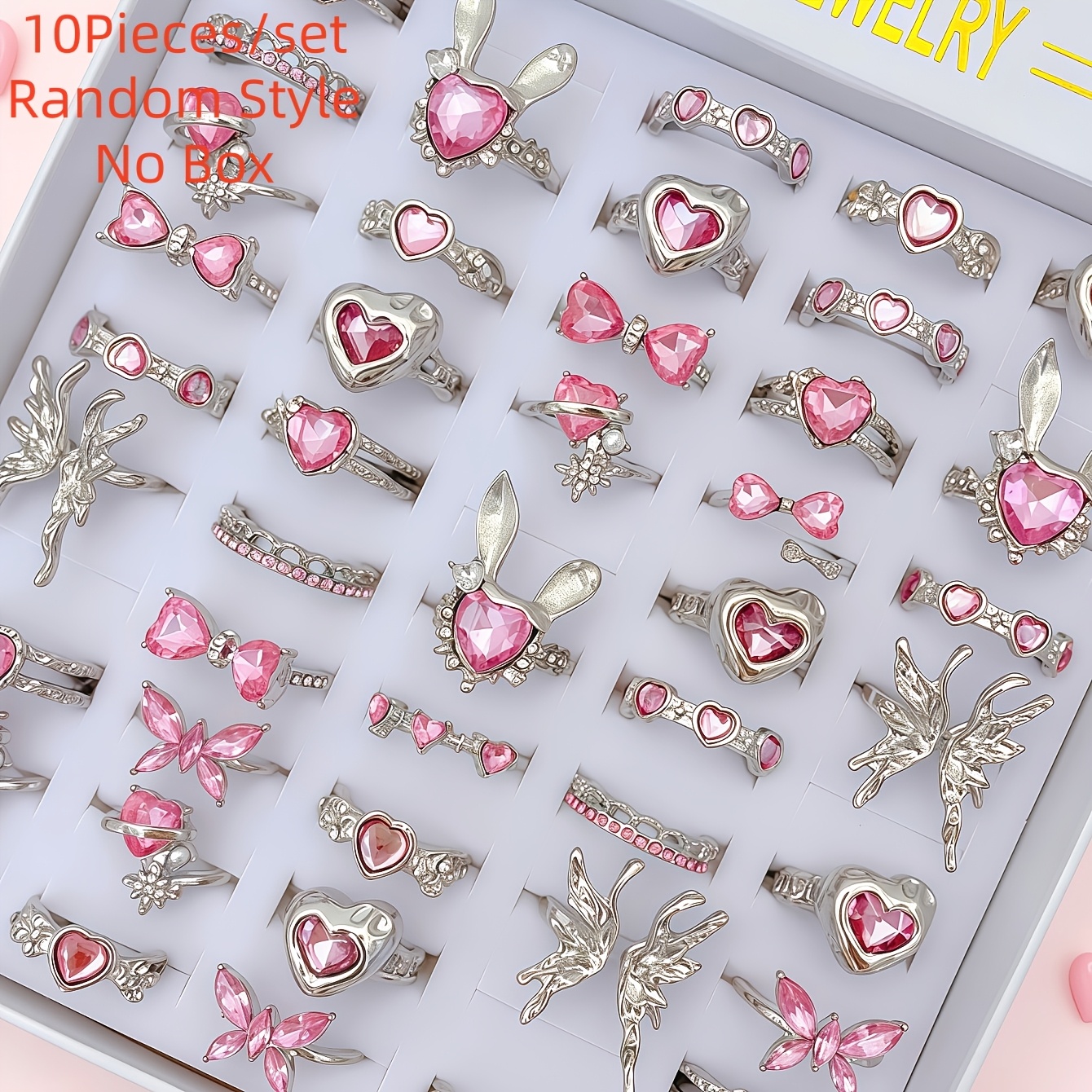 TEMU Un ensemble de 10 bagues roses ouvertes pour femmes, tendance et personnalisées, motif papillon, cœur et nœud, cadeau de fête, bijoux de tous ,