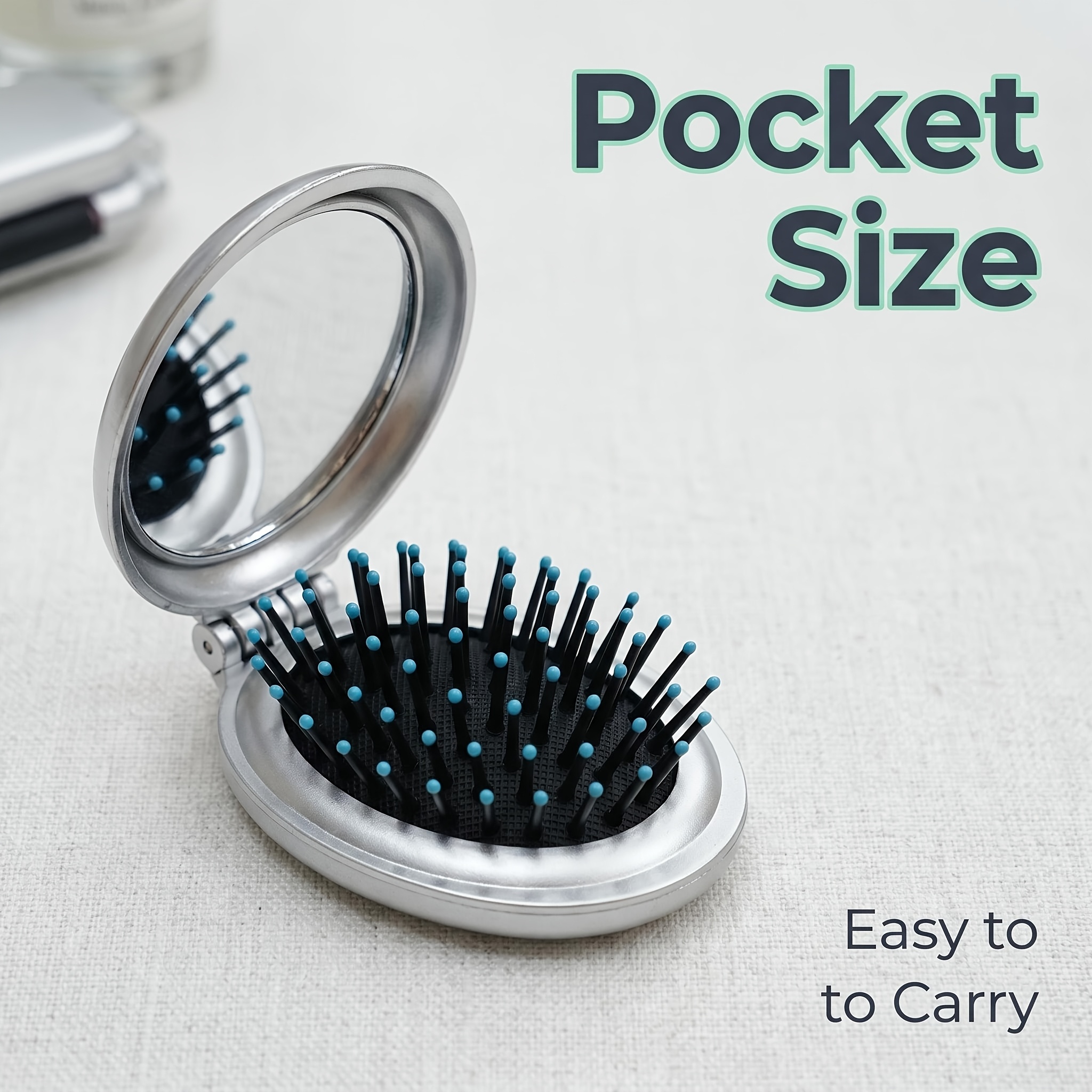 TEMU 1pc Mini Portable Foldable Hair Brush With Makeup Mirror For Women, Dual-use, Styling, Travel Essentials, Folding Air Cushion Comb For All Hair