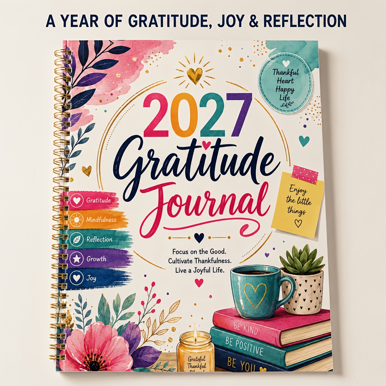 TEMU Journal de Gratitude 2027, Journal de Gratitude Guidé, Réflexion Mensuelle, Affirmation Positive, , Soin , , Heureuses et Évaluation Annuelle