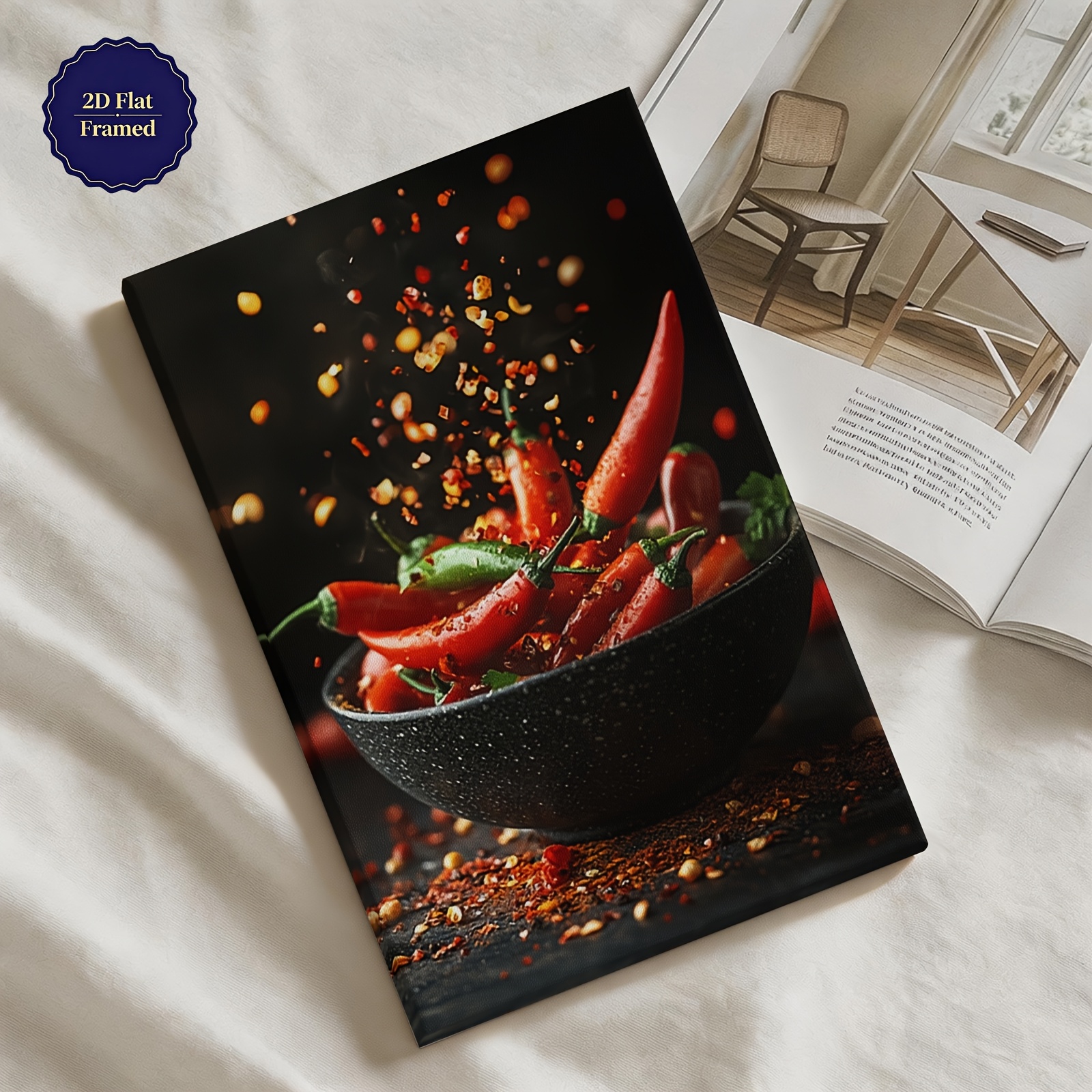 zdjęcie przedmiotu płaski 2d, 1 szt. nowoczesna   papryczka chili na ścianie - pionowy wydruk na płótnie w  , odpowiedni do dekoracji jadalni,   pękającej papryczki chili, rama owijana do zawieszenia, do dekoracji restauracji, baru, kawiarni, płaski 2d