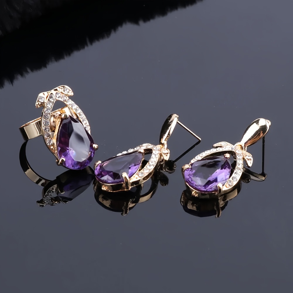 1 set elegant luxury synthetic zirconia jewelry purple teardrop pendant alloy golden   birthstone ramadan holiday theme for wedding party necklace bracelet earrings ring details 10