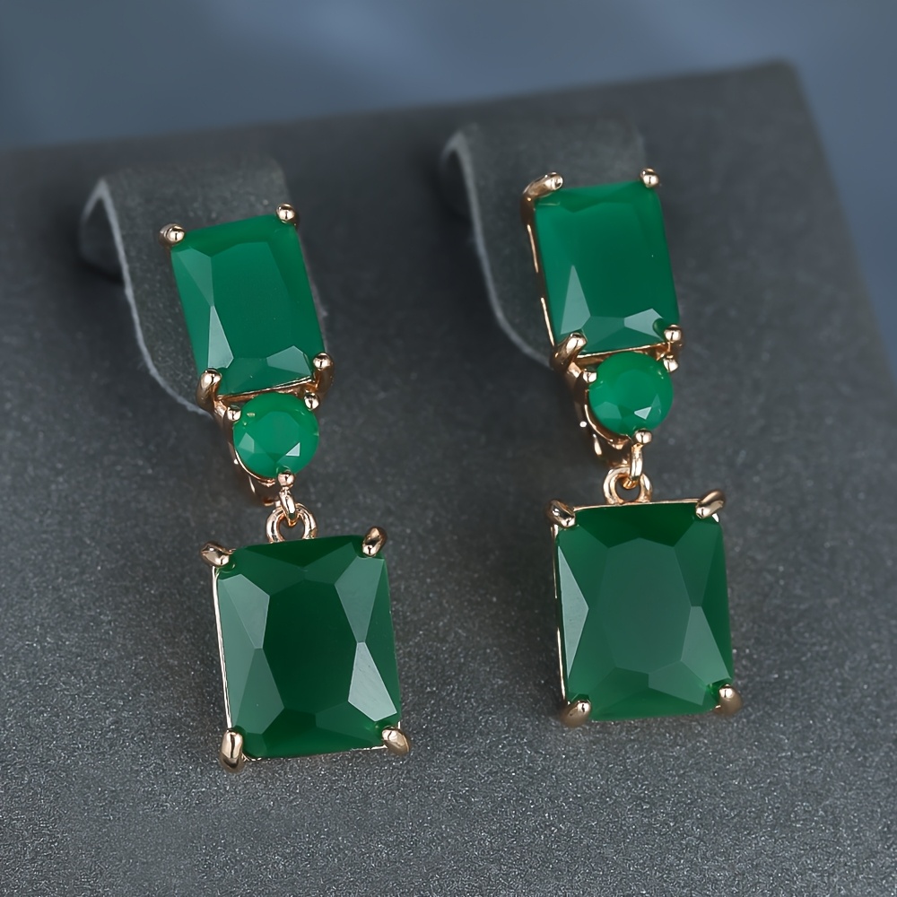 

Elegant Green Zirconia Drop Earrings - Rectangle Cut, Golden-tone Copper, Weddings & , Winter, New Year